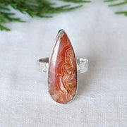 Rhodochrosite Cabochon Ring: Sterling Silver Hammered Band, Boho Jewelry
