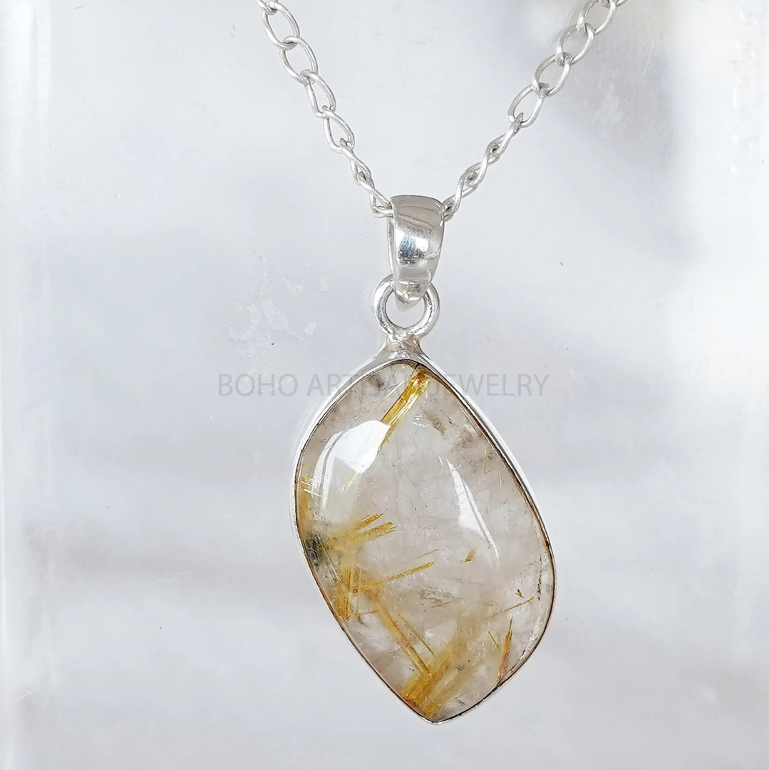 Golden Rutile Quartz Pendant, Natural Rutile Quartz Pendant, Rutilated Quartz Cabochon Ring, Handmade Ring, Boho Ring, Birthstone Ring, Gift