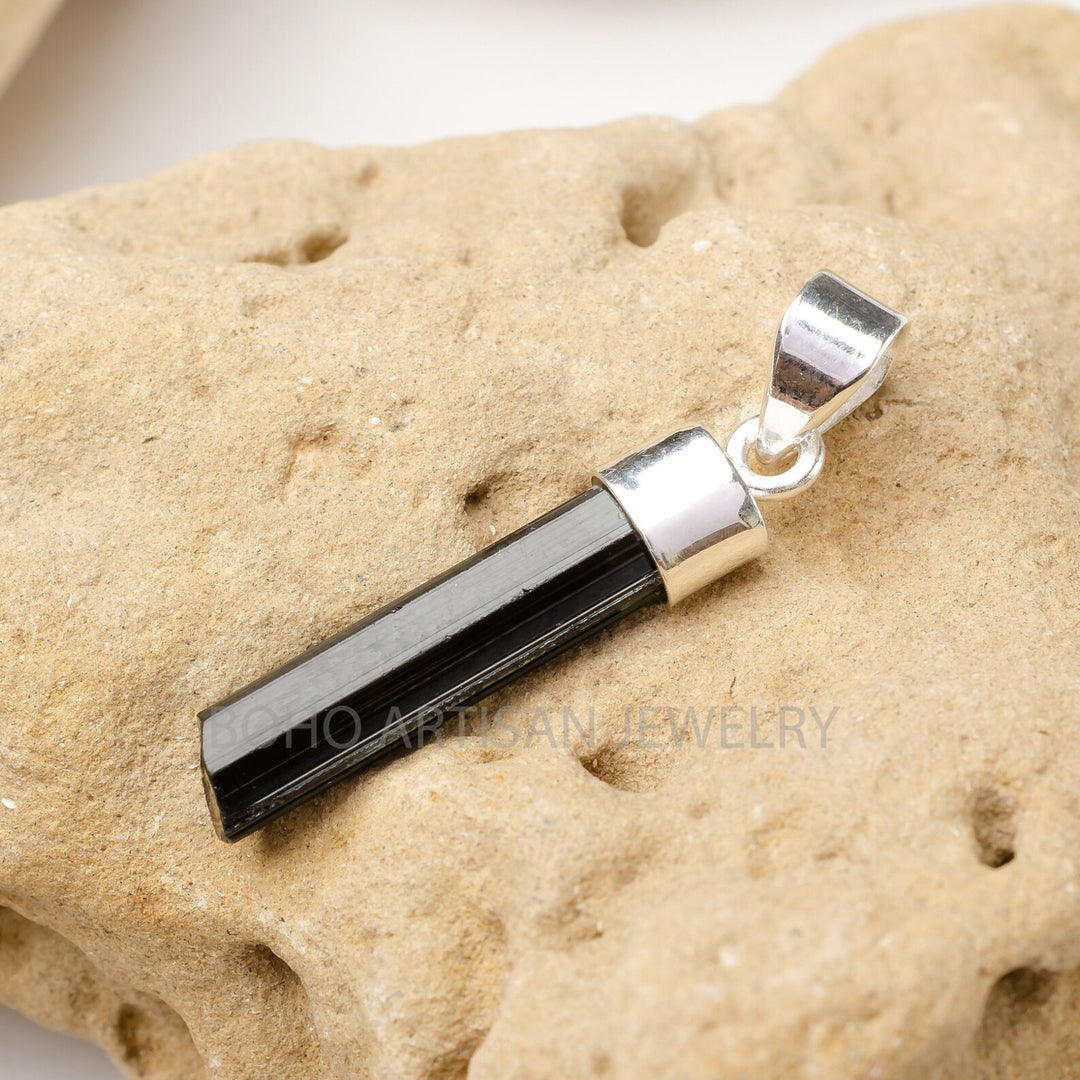 Raw Black Tourmaline Pendant Necklace: Sterling Silver Bar, Protection Jewelry