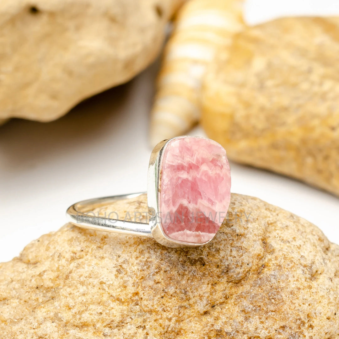 Polished Rhodochrosite Ring: Twisted Sterling Silver Band, Boho Jewelry