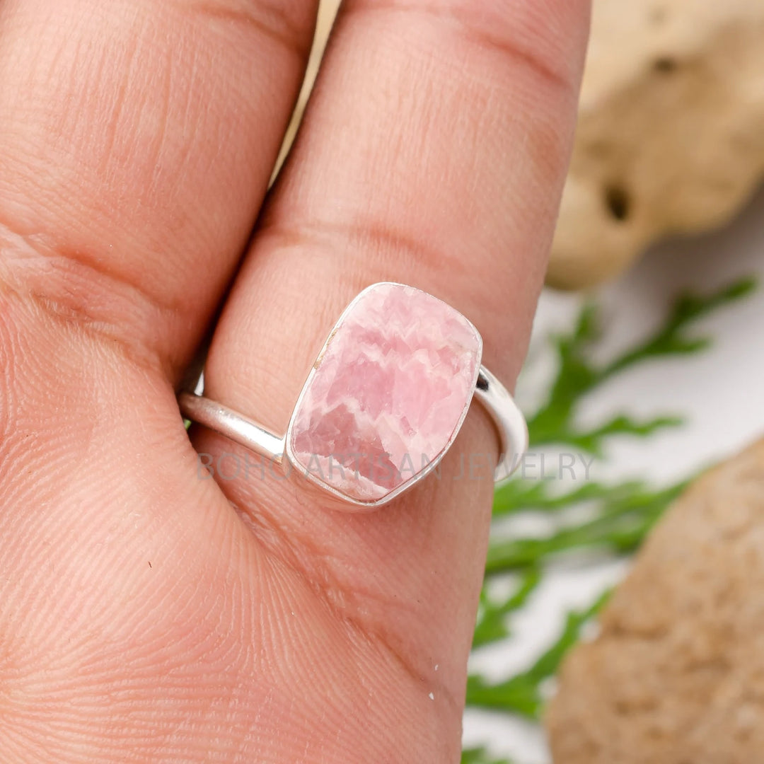 Polished Rhodochrosite Ring: Twisted Sterling Silver Band, Boho Jewelry
