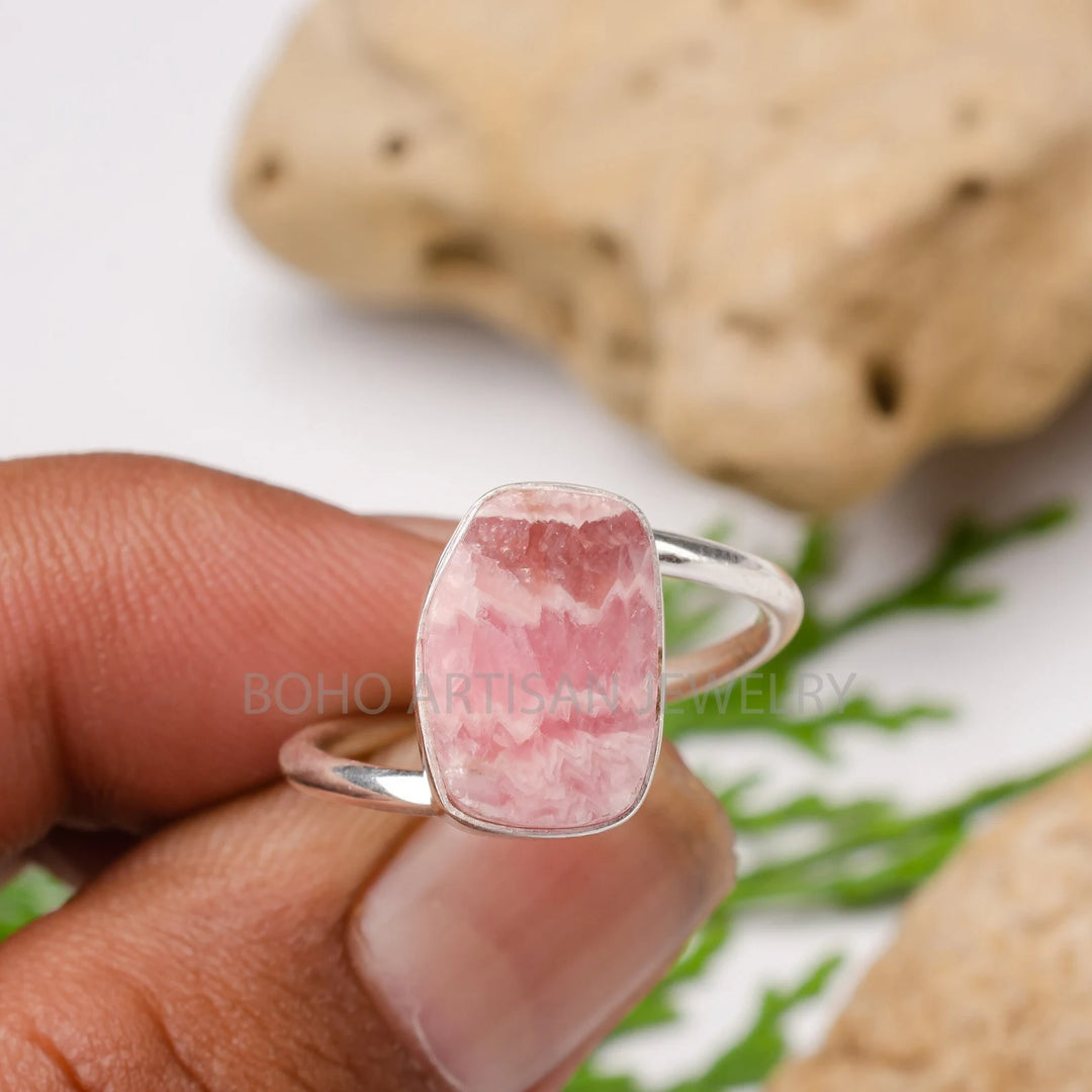 Polished Rhodochrosite Ring: Twisted Sterling Silver Band, Boho Jewelry