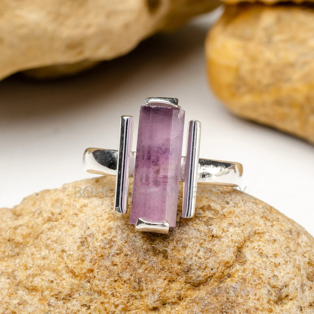 Raw Amethyst Bar Ring: Sterling Silver February Birthstone Jewelry