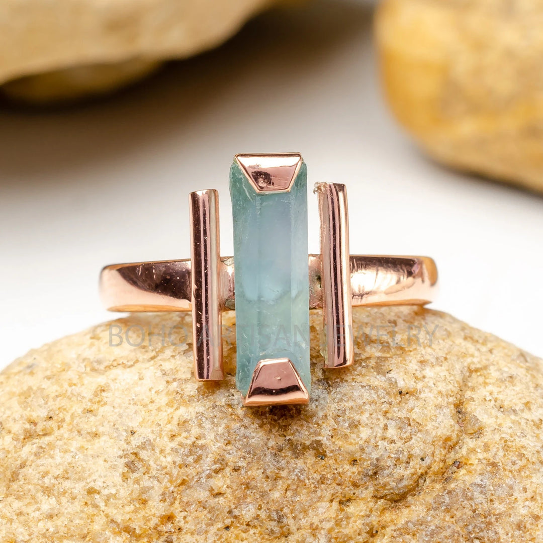 Raw Aquamarine Bar Ring: Sterling Silver Two-Bar Boho Ring