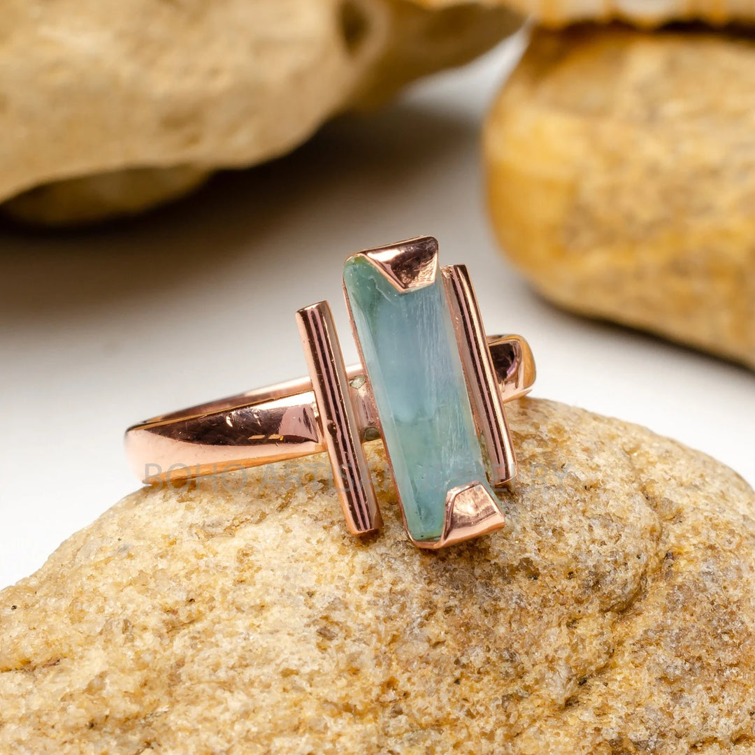 Raw Aquamarine Bar Ring: Sterling Silver Two-Bar Boho Ring