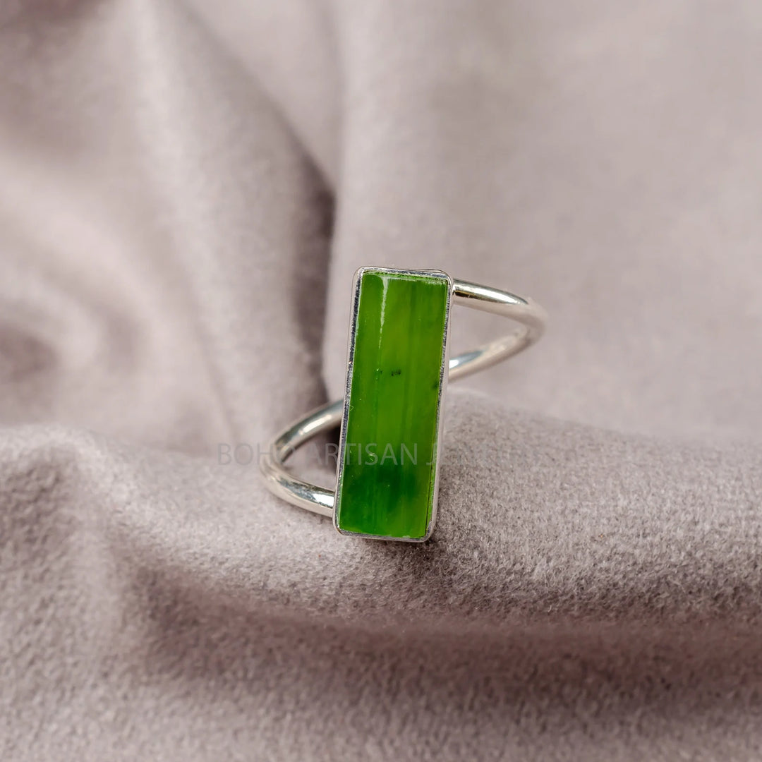 Raw Green Jade Bar Ring: Twisted Sterling Silver Band, August Birthstone