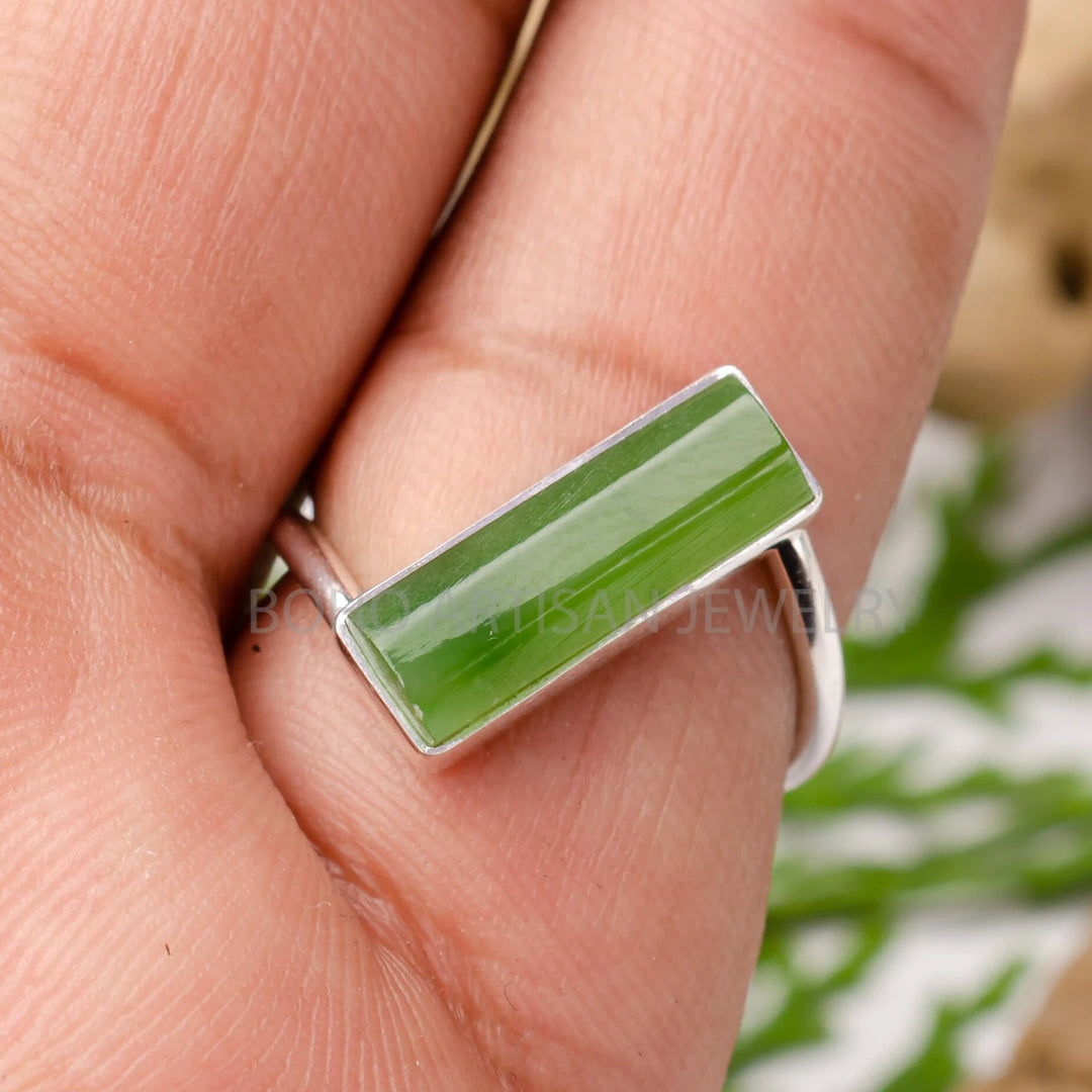 Raw Green Jade Bar Ring: Twisted Sterling Silver Band, August Birthstone