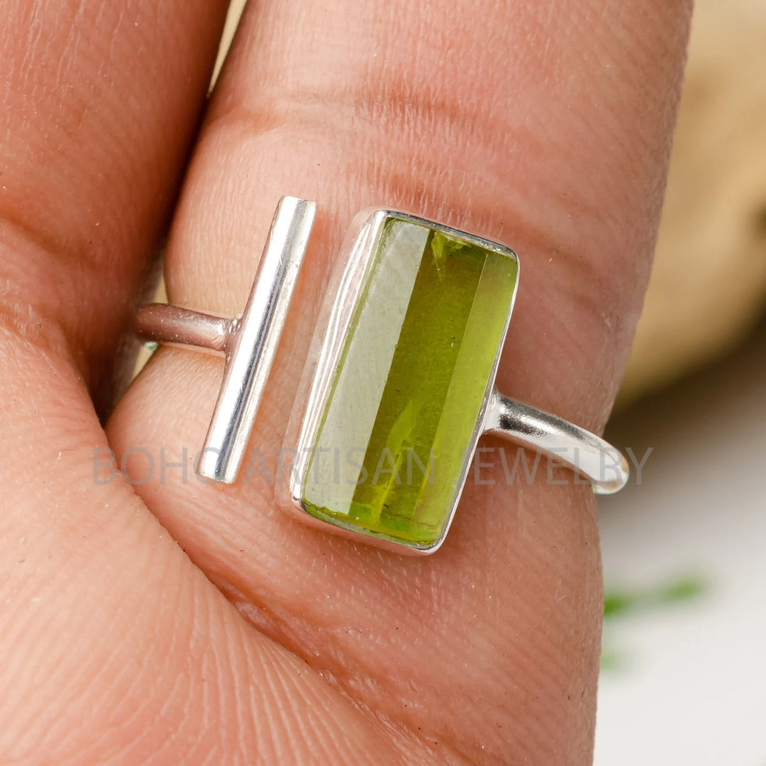Raw Peridot Bar Ring: Sterling Silver Adjustable Stacking Jewelry