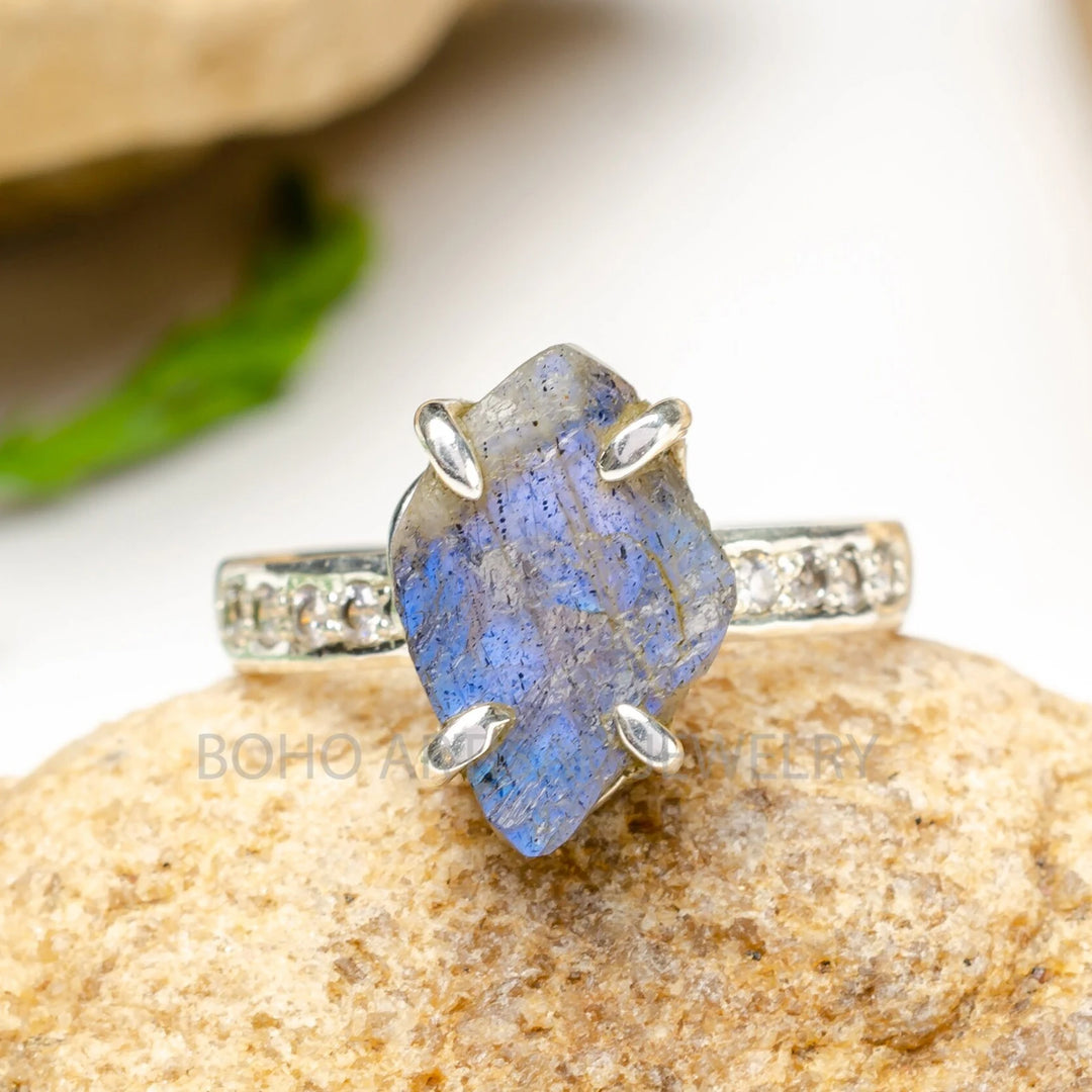 Raw Labradorite CZ Ring, Blue Fire Labradorite Ring, Raw Crystal Ring, Handmade Silver Jewelry, Rough Stone Jewelry, Boho Ring, Gift For Her