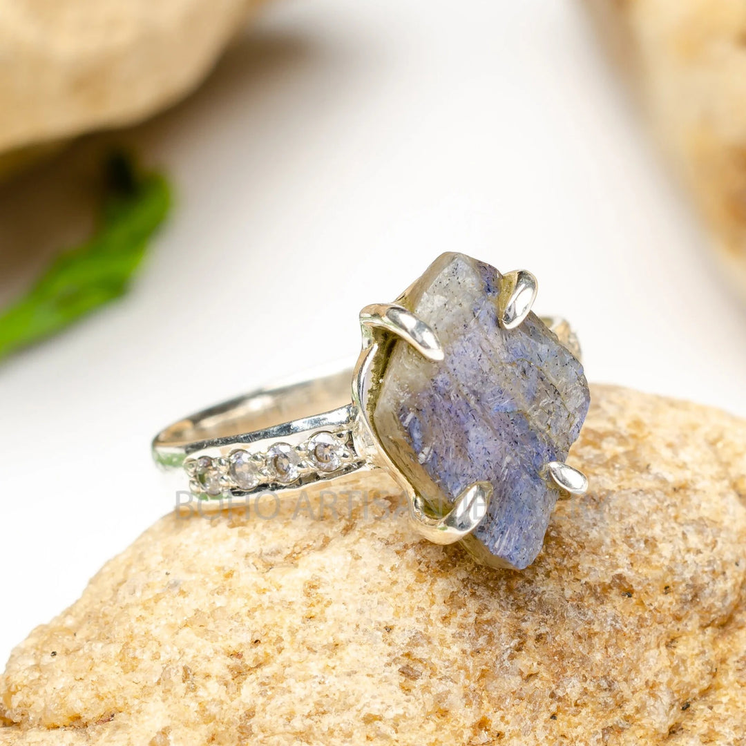 Raw Labradorite CZ Ring, Blue Fire Labradorite Ring, Raw Crystal Ring, Handmade Silver Jewelry, Rough Stone Jewelry, Boho Ring, Gift For Her