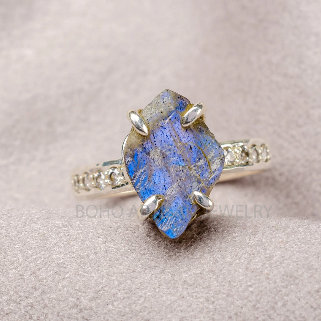 Raw Labradorite CZ Ring, Blue Fire Labradorite Ring, Raw Crystal Ring, Handmade Silver Jewelry, Rough Stone Jewelry, Boho Ring, Gift For Her