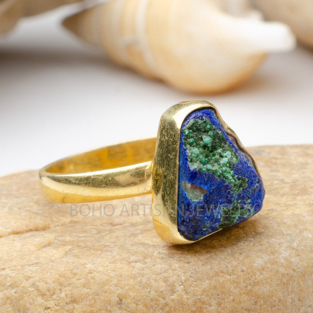 Raw Azurite Malachite Ring: 14K Gold Band, Handmade Boho Jewelry