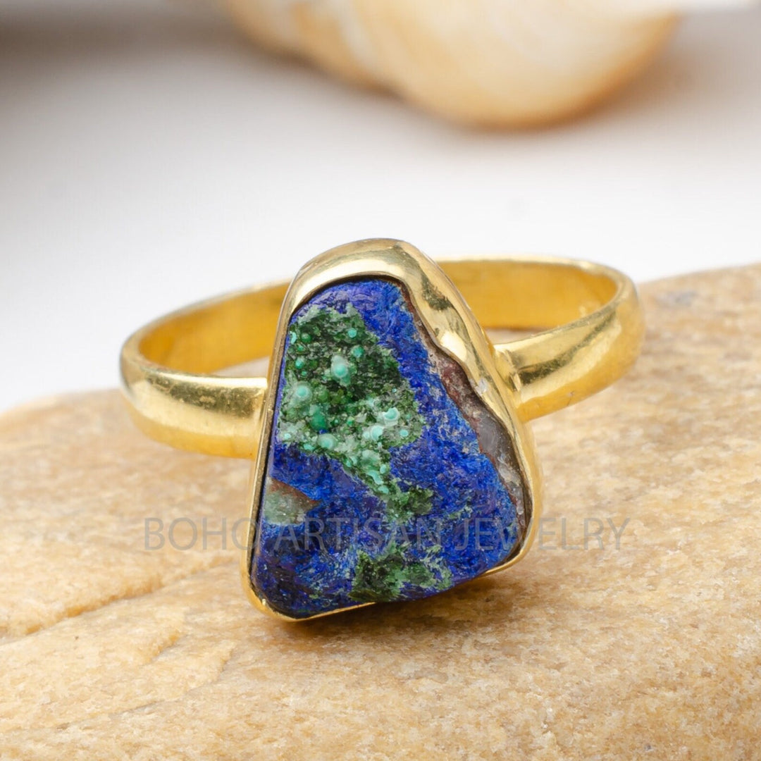 Raw Azurite Malachite Ring: 14K Gold Band, Handmade Boho Jewelry