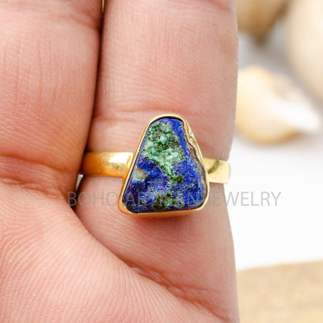 Raw Azurite Malachite Ring: 14K Gold Band, Handmade Boho Jewelry