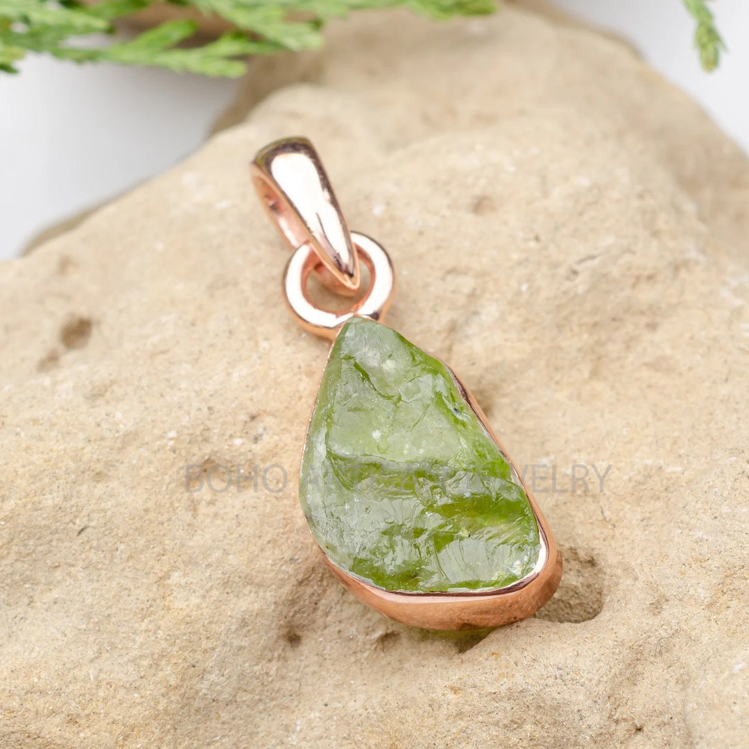 Raw Peridot Pendant: Rose Gold Plated Sterling Silver Necklace