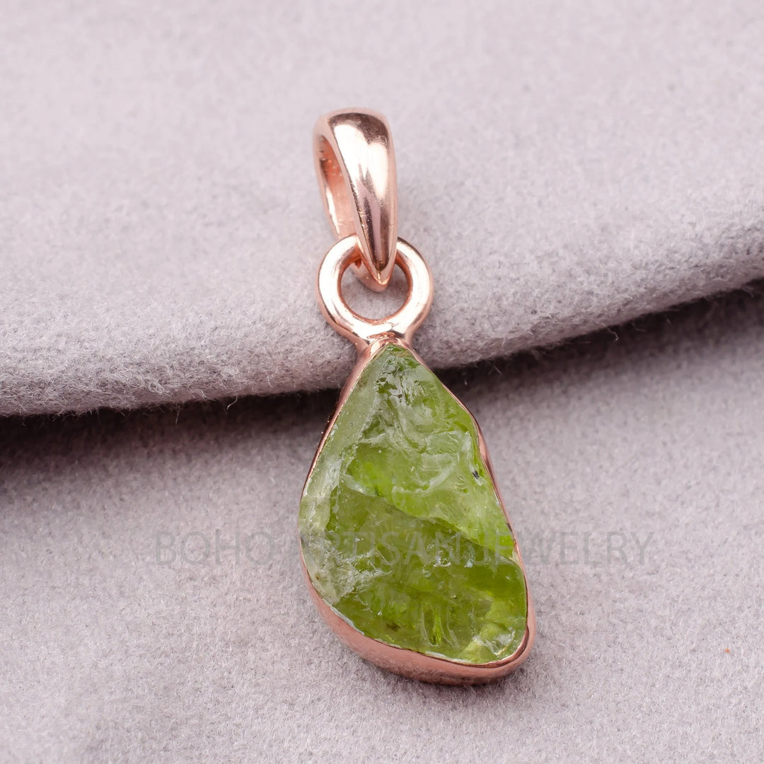 Raw Peridot Pendant: Rose Gold Plated Sterling Silver Necklace