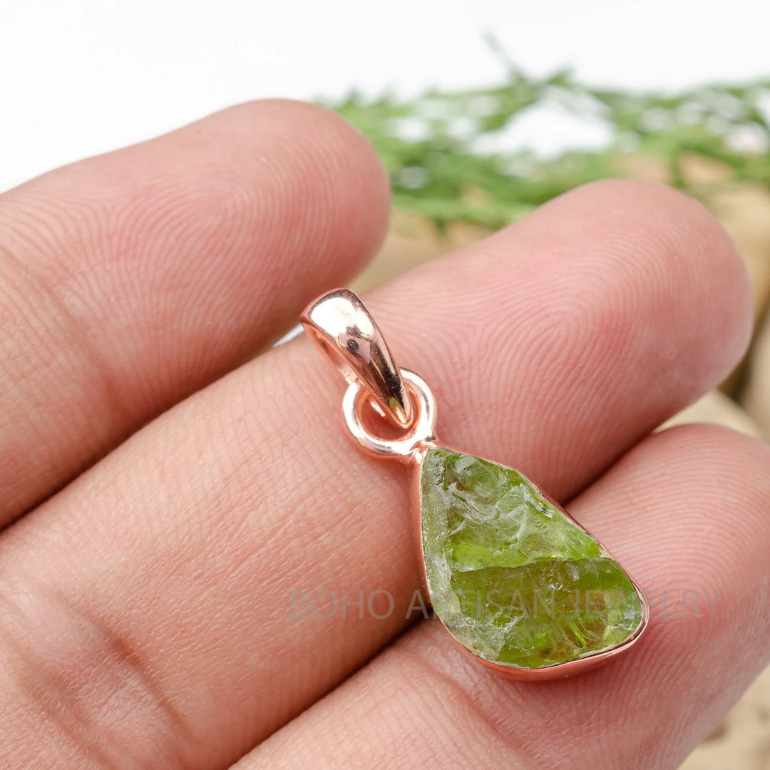 Raw Peridot Pendant: Rose Gold Plated Sterling Silver Necklace