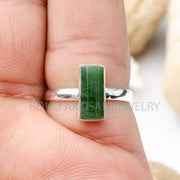 Green Jade Ring: Sterling Silver Long Bar, Boho Statement Jewelry