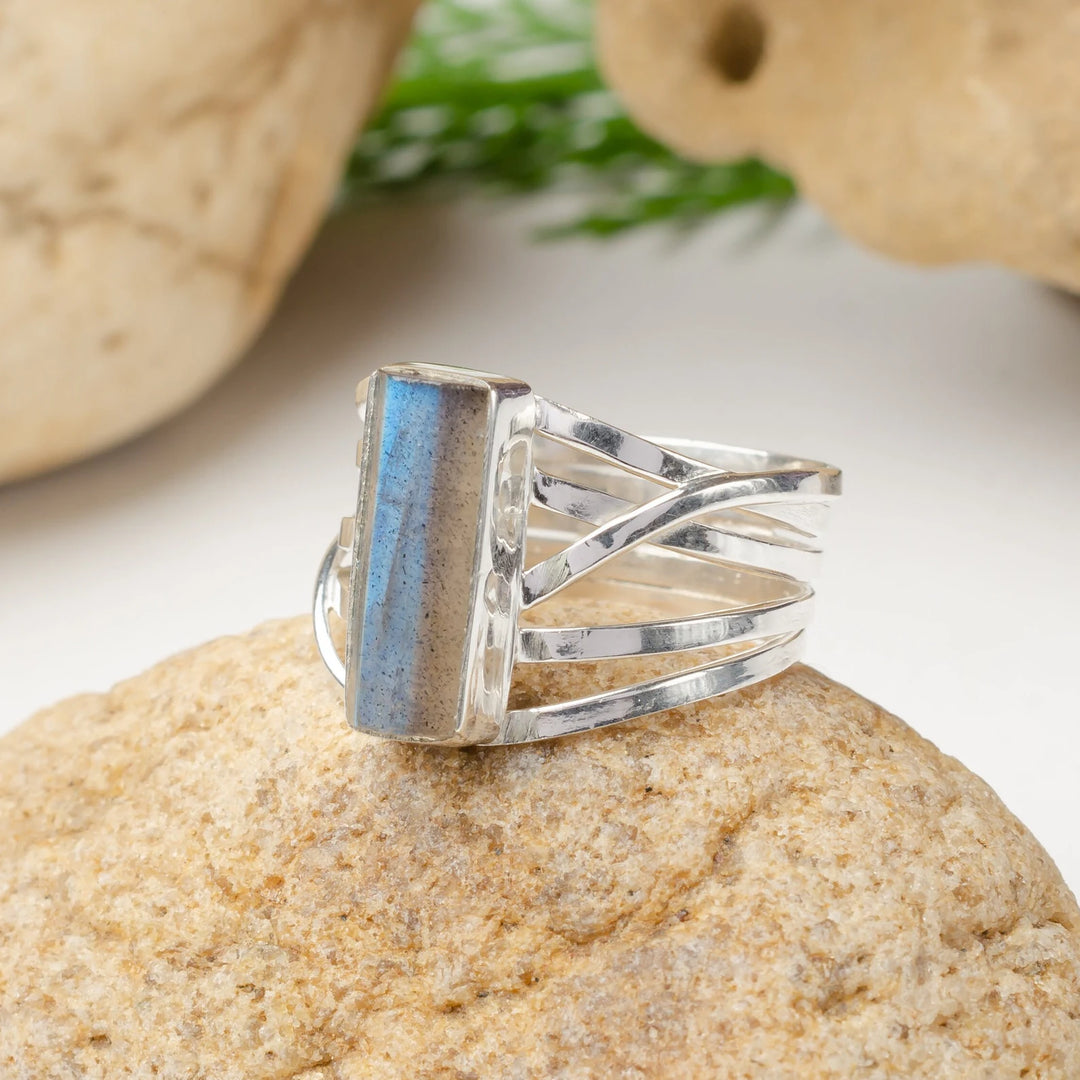 Raw Labradorite Sterling Silver Ring: Boho Healing Crystal Jewelry