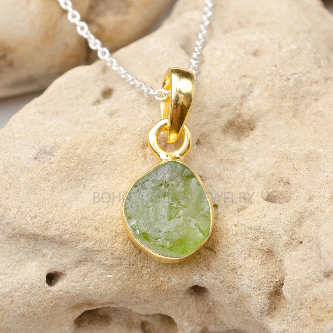 Raw Peridot Pendant: 14k Gold Plated Sterling Silver Necklace