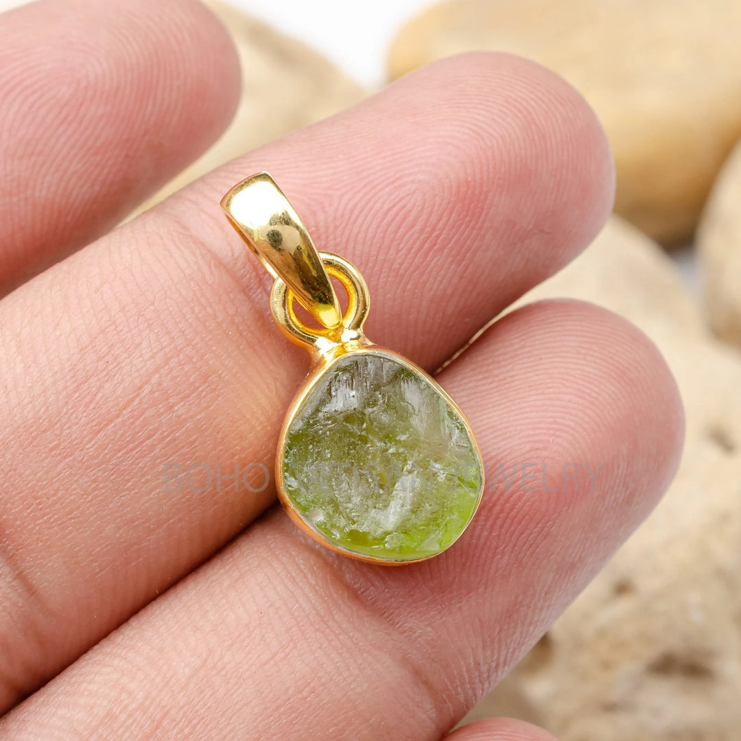 Raw Peridot Pendant: 14k Gold Plated Sterling Silver Necklace
