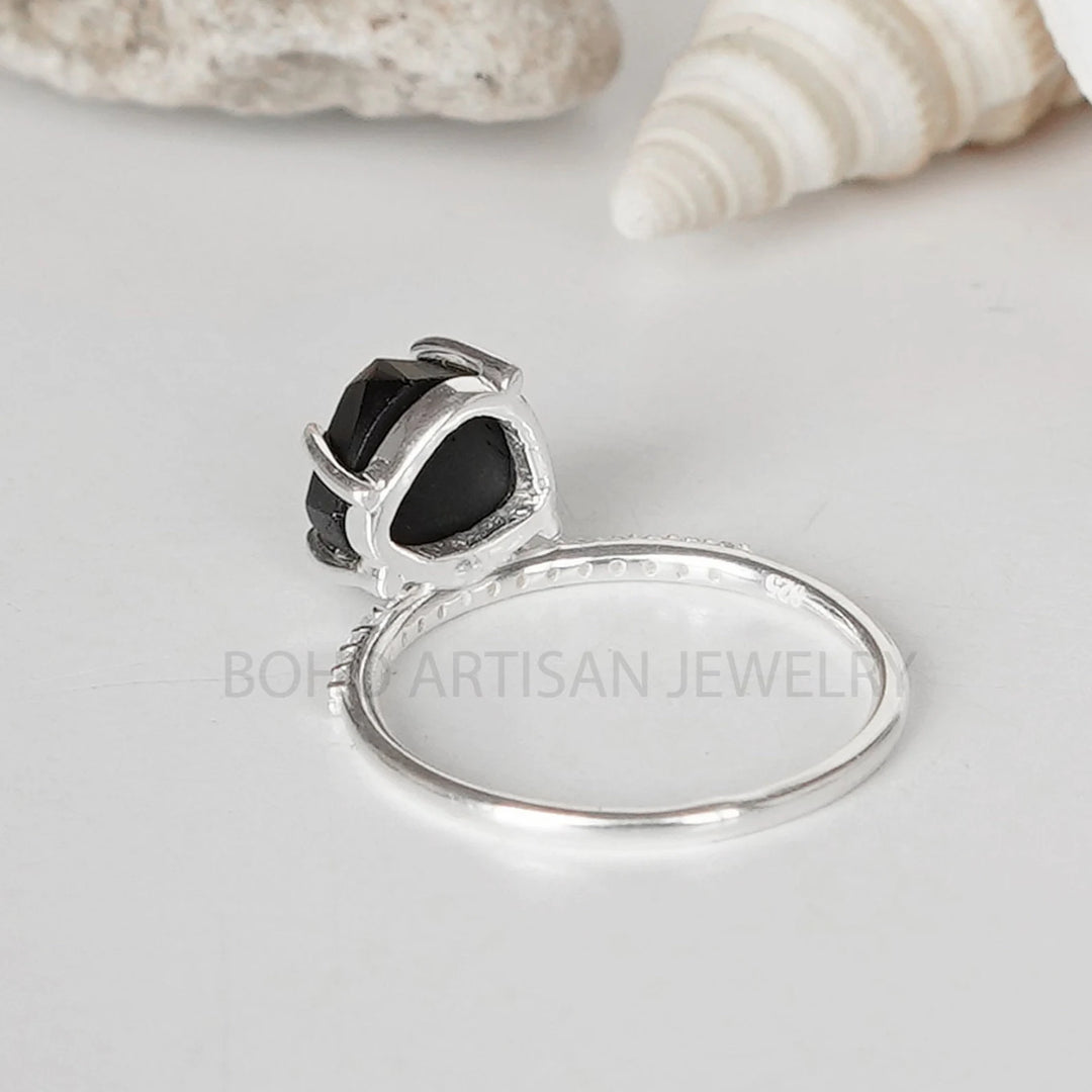 Raw Black Tourmaline Ring: Dainty Sterling Silver Band, October Birthstone