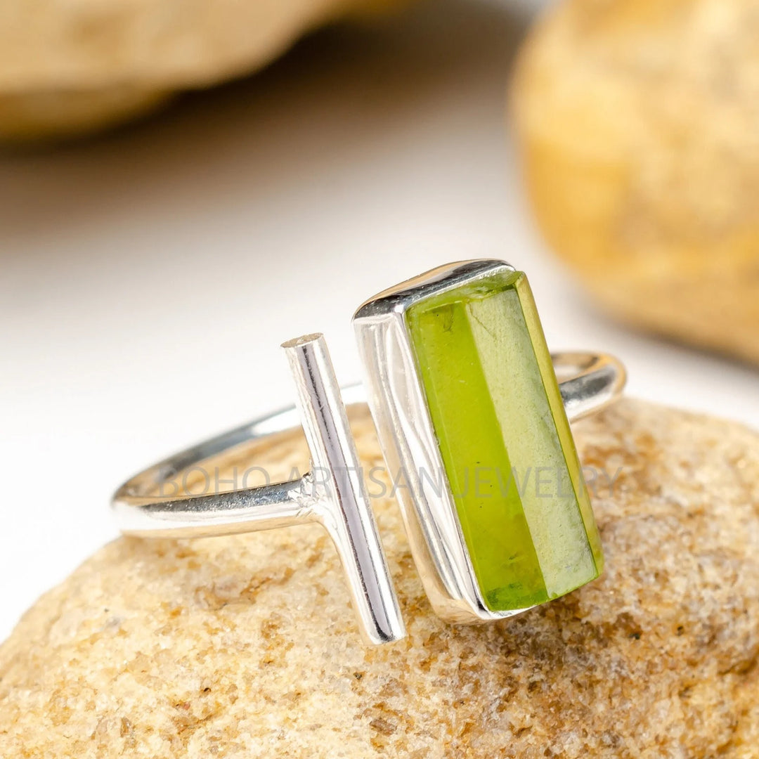 Raw Peridot Bar Ring: Sterling Silver Adjustable Stacking Jewelry