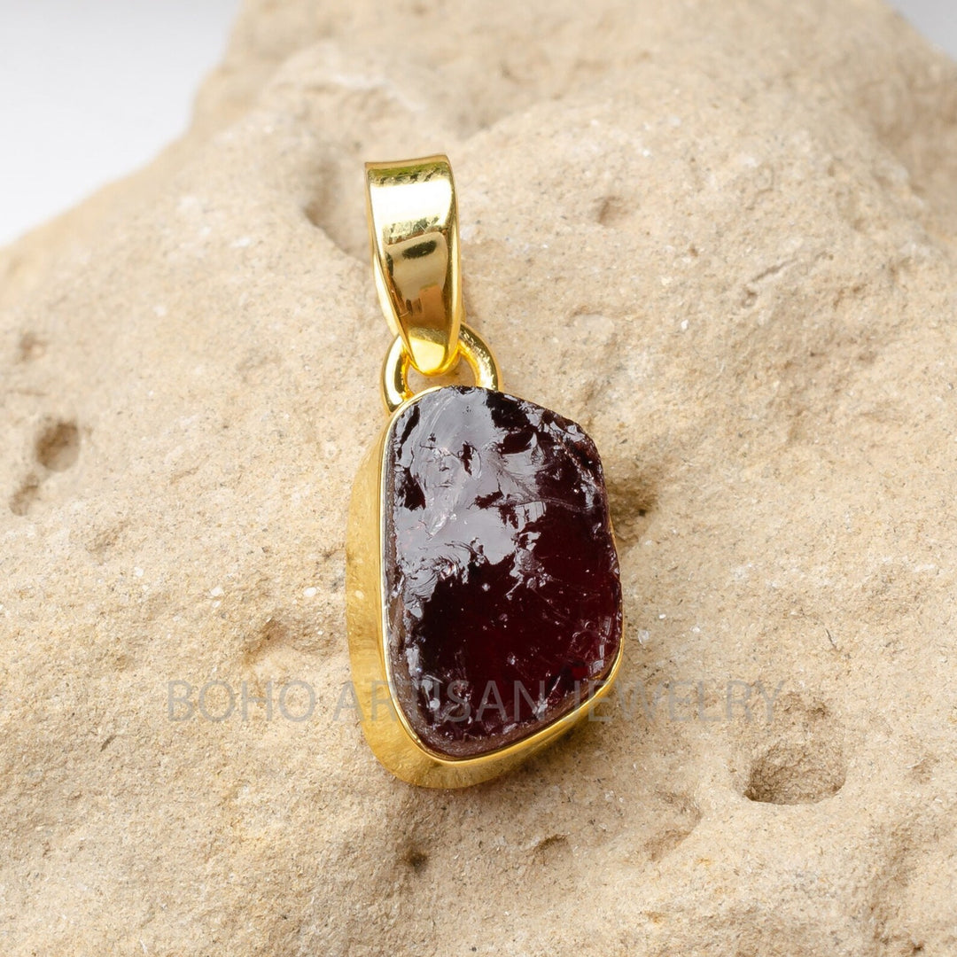 Raw Garnet Pendant: 14K Gold Plated Sterling Silver, January Birthstone