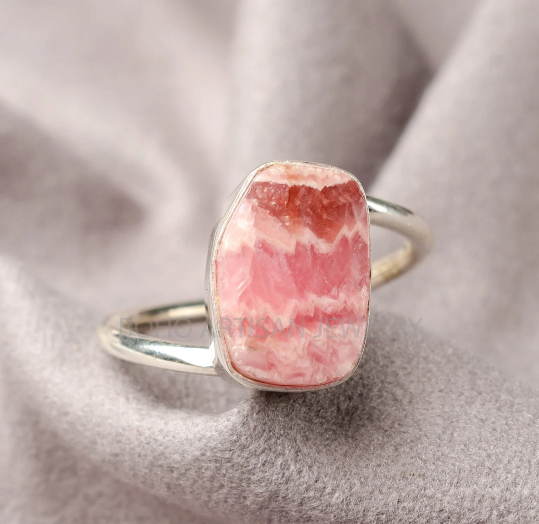 Polished Rhodochrosite Ring: Twisted Sterling Silver Band, Boho Jewelry
