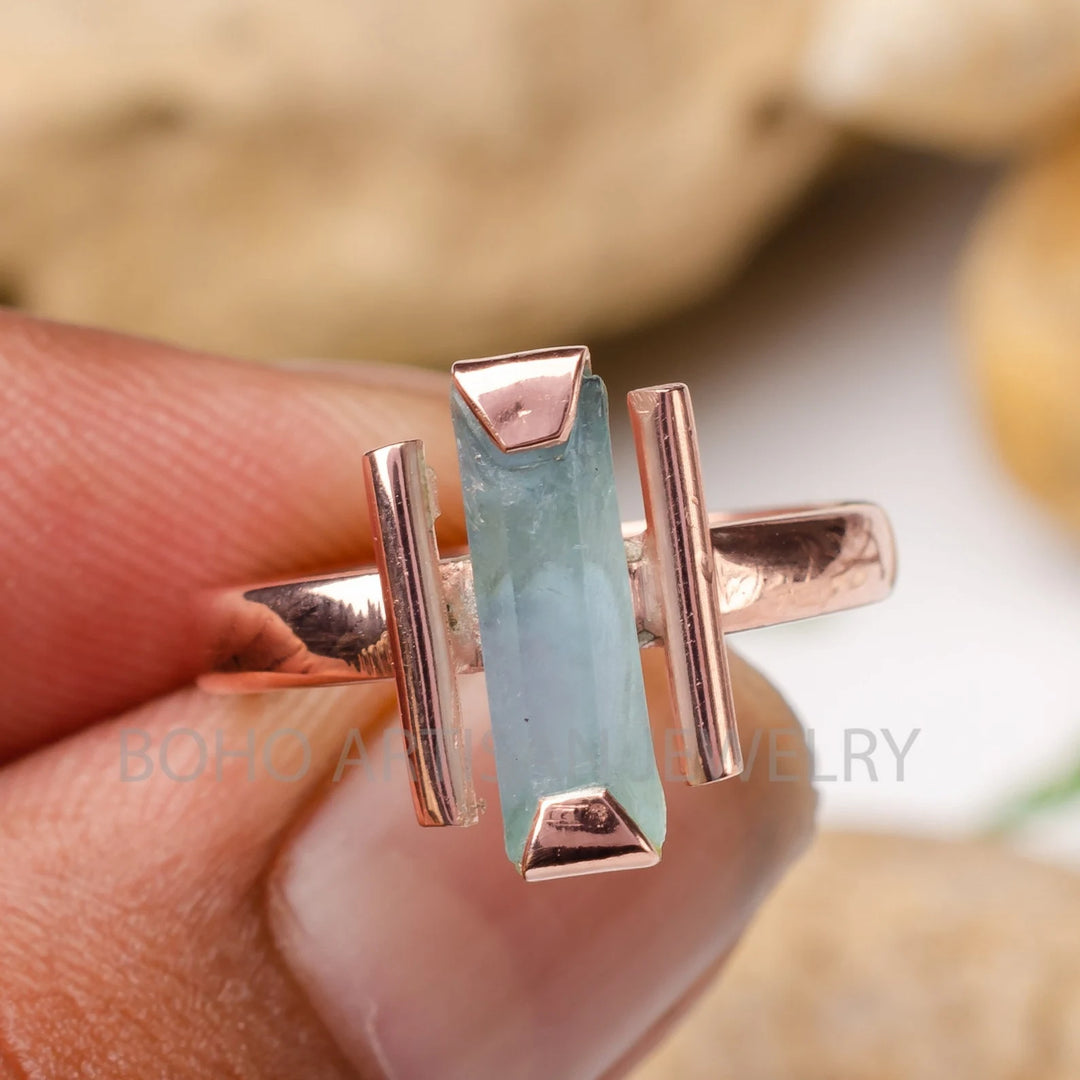Raw Aquamarine Bar Ring: Sterling Silver Two-Bar Boho Ring
