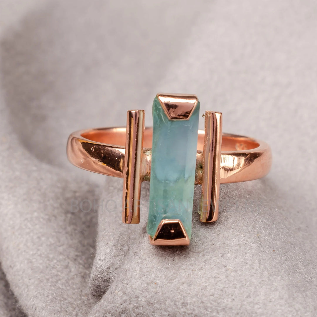 Raw Aquamarine Bar Ring: Sterling Silver Two-Bar Boho Ring