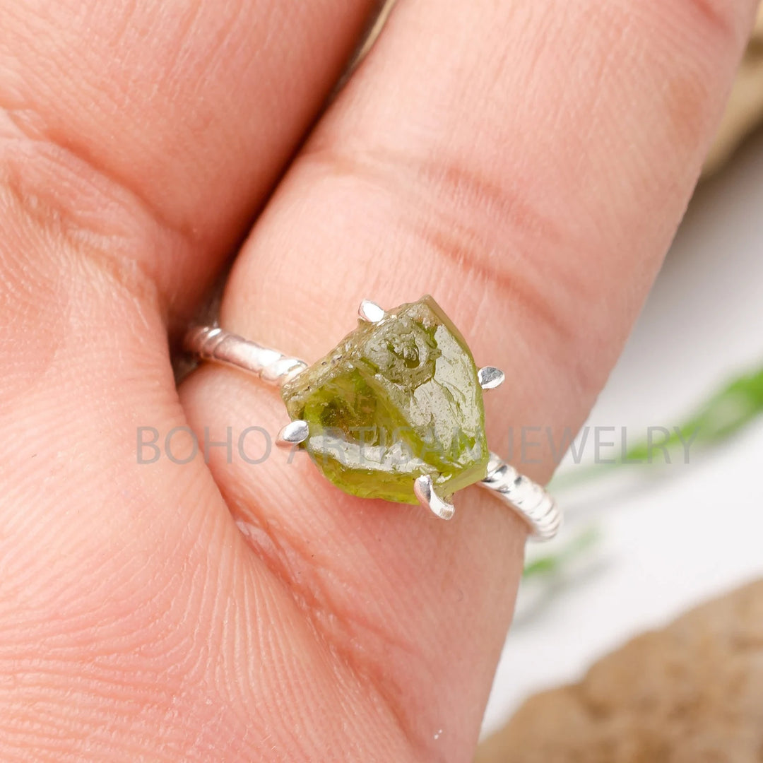 Raw Peridot Ring: Twisted Sterling Silver Band, August Birthstone