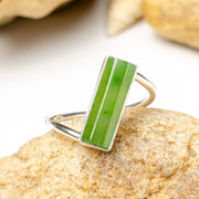 Raw Green Jade Bar Ring: Twisted Sterling Silver Band, August Birthstone