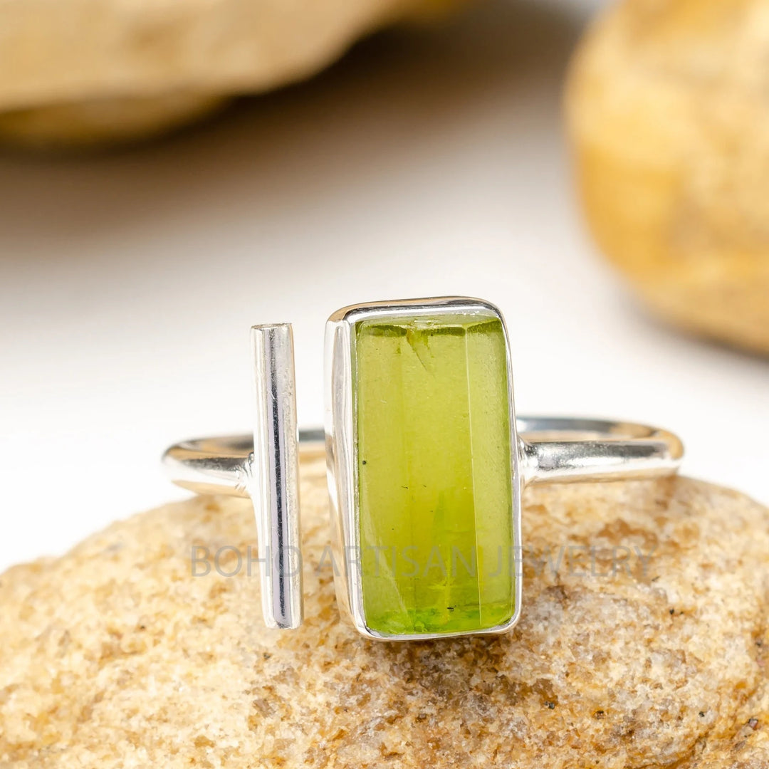 Raw Peridot Bar Ring: Sterling Silver Adjustable Stacking Jewelry