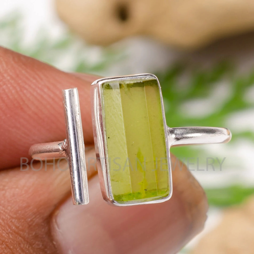 Raw Peridot Bar Ring: Sterling Silver Adjustable Stacking Jewelry