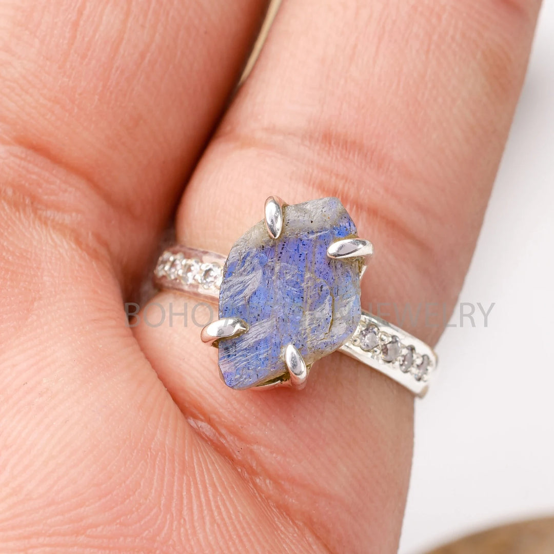 Raw Labradorite CZ Ring, Blue Fire Labradorite Ring, Raw Crystal Ring, Handmade Silver Jewelry, Rough Stone Jewelry, Boho Ring, Gift For Her