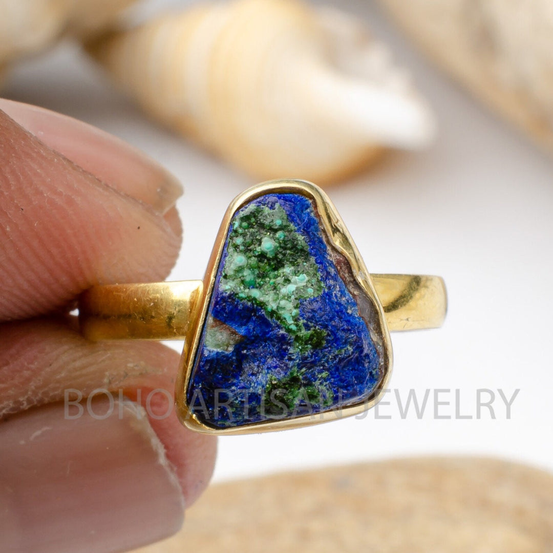Raw Azurite Malachite Ring: 14K Gold Band, Handmade Boho Jewelry