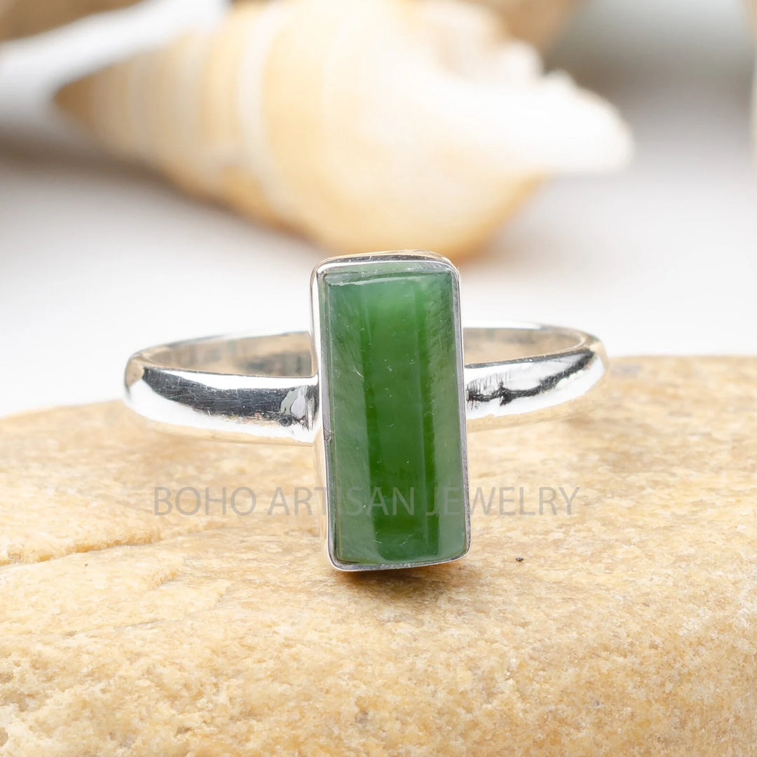 Green Jade Ring: Sterling Silver Long Bar, Boho Statement Jewelry