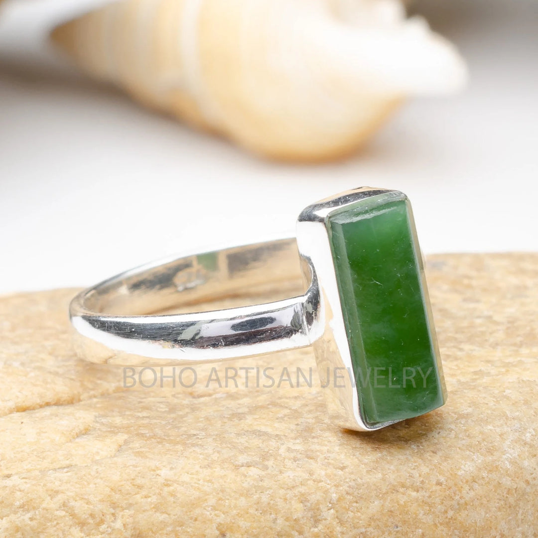 Green Jade Ring: Sterling Silver Long Bar, Boho Statement Jewelry
