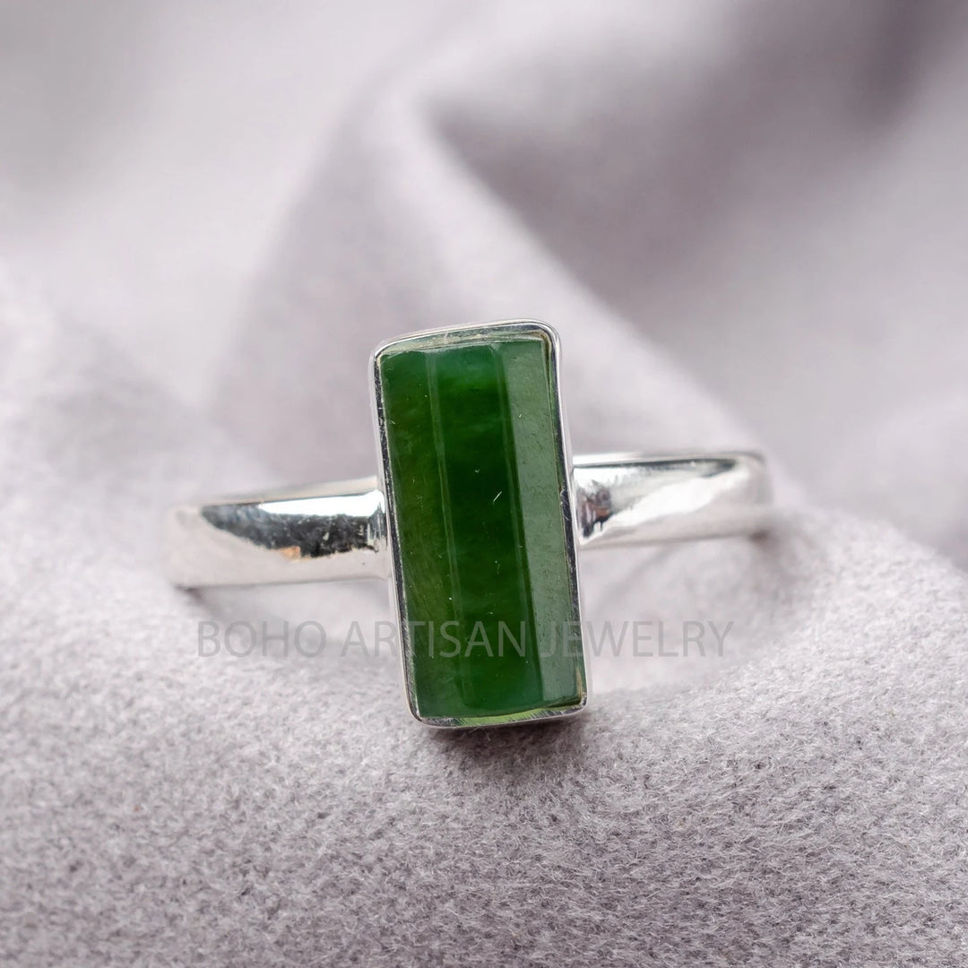 Green Jade Ring: Sterling Silver Long Bar, Boho Statement Jewelry