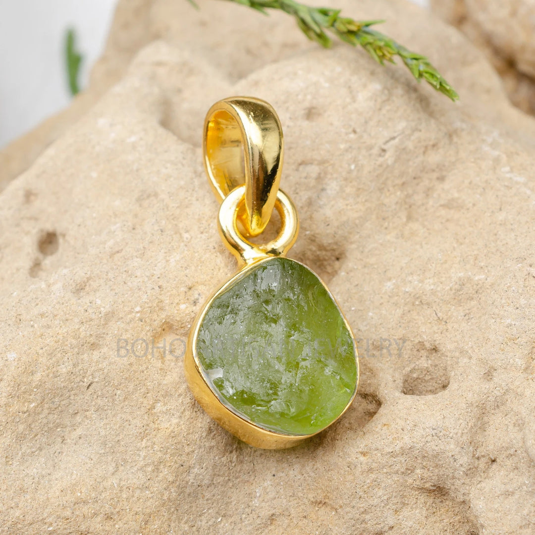 Raw Peridot Pendant: 14k Gold Plated Sterling Silver Necklace