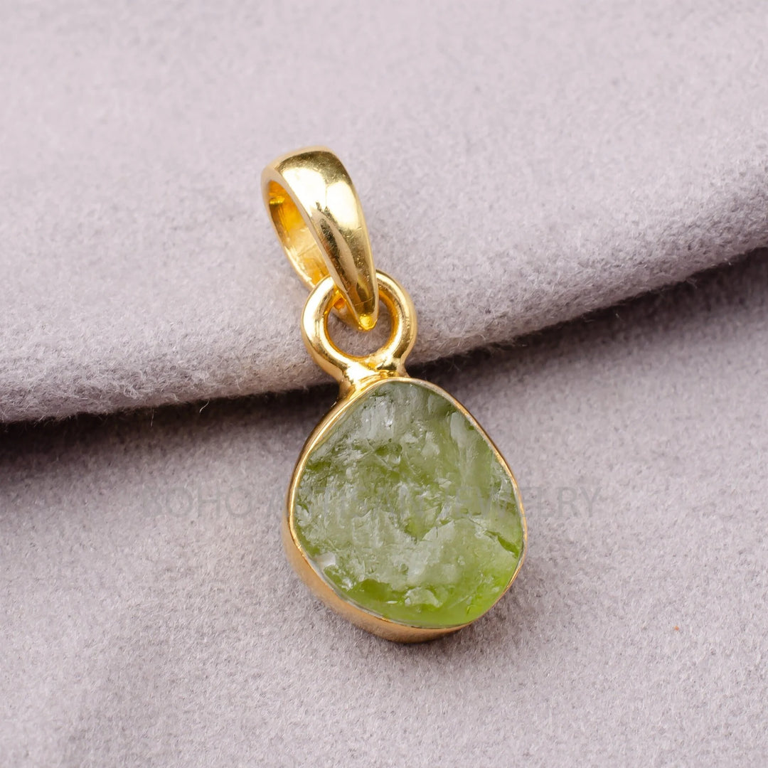 Raw Peridot Pendant: 14k Gold Plated Sterling Silver Necklace