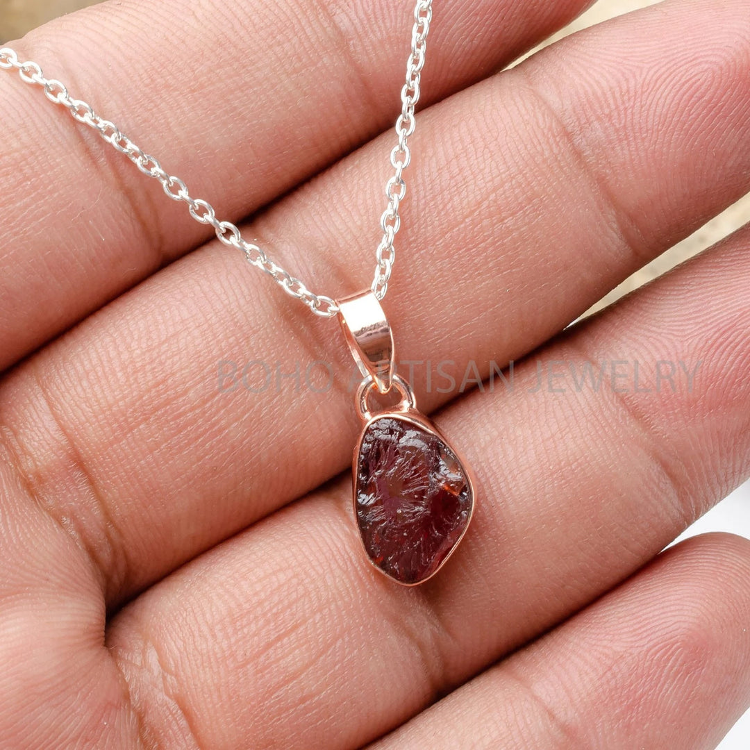 Raw Garnet Pendant: Rose Gold Sterling Silver Gemstone Jewelry