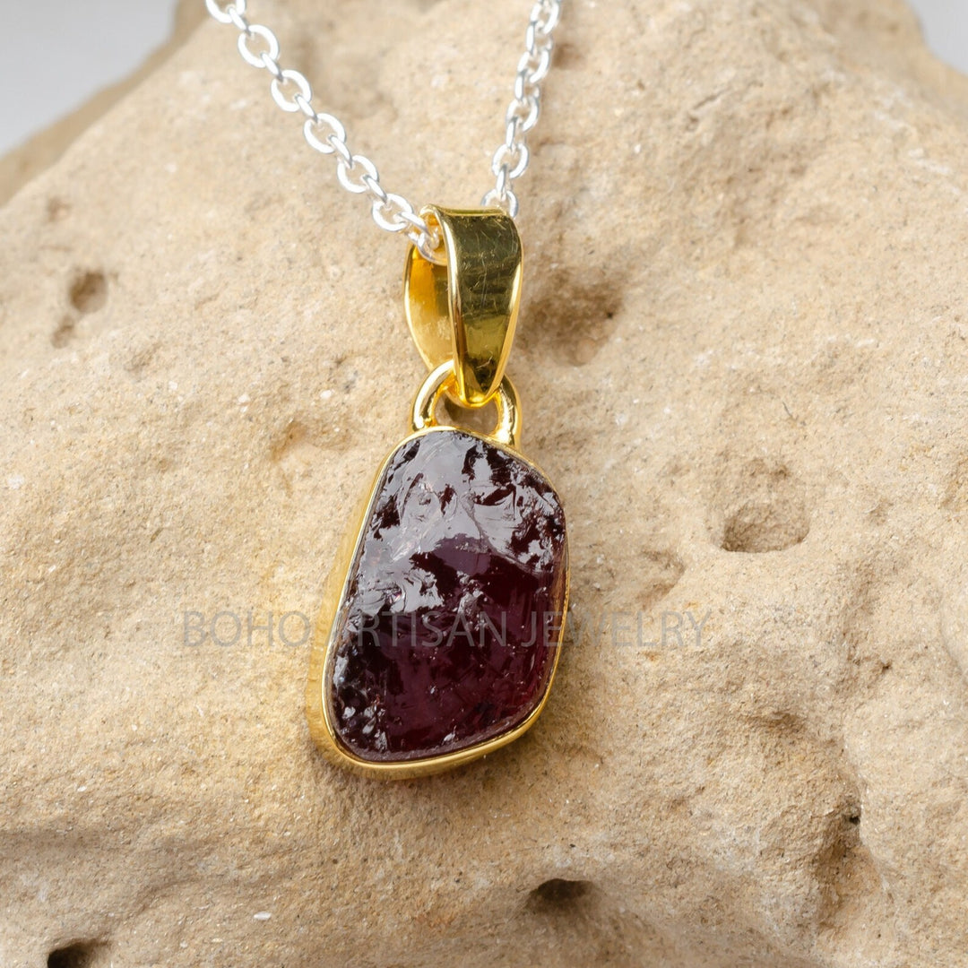 Raw Garnet Pendant: 14K Gold Plated Sterling Silver, January Birthstone