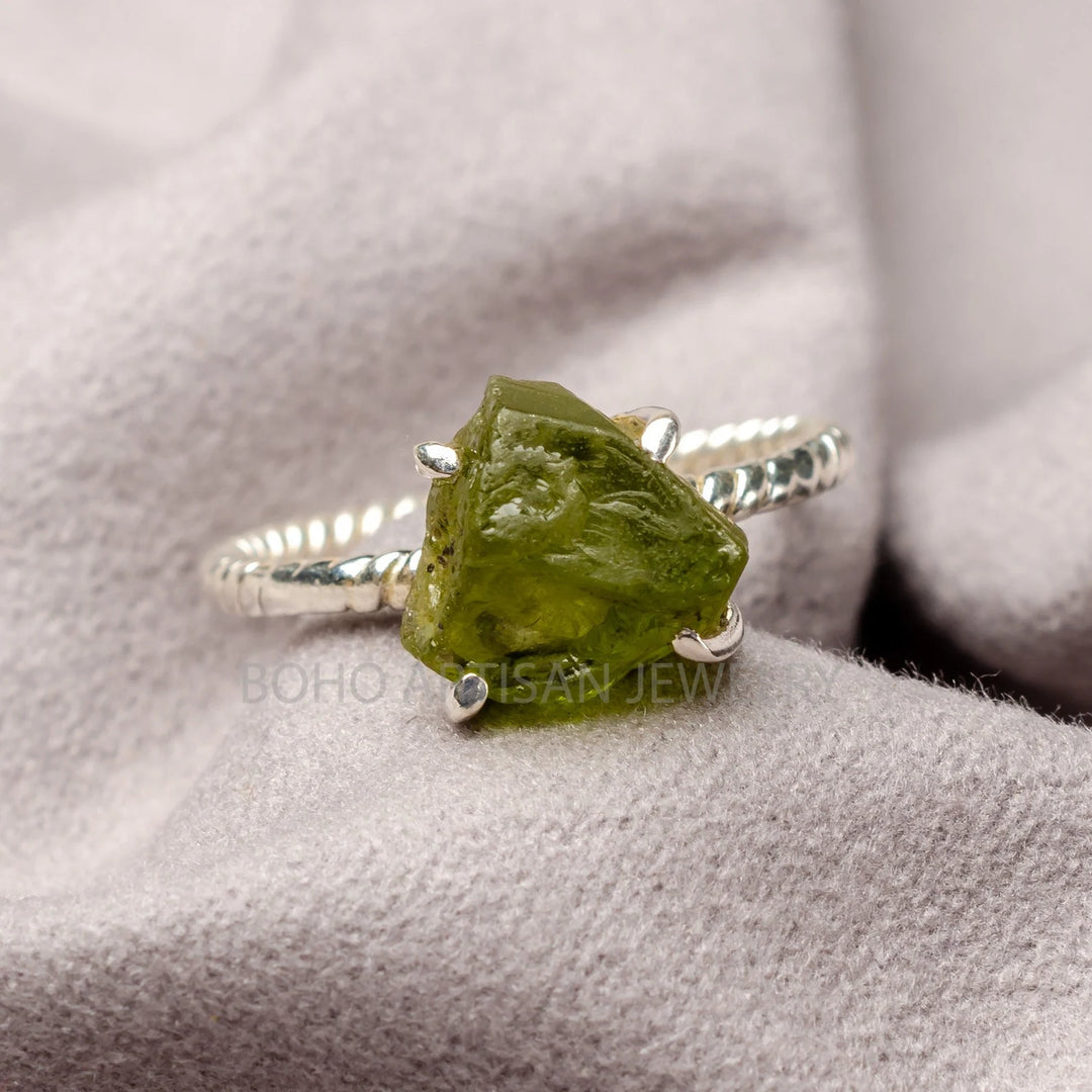Raw Peridot Ring: Twisted Sterling Silver Band, August Birthstone
