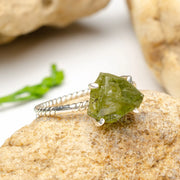 Raw Peridot Ring: Twisted Sterling Silver Band, August Birthstone