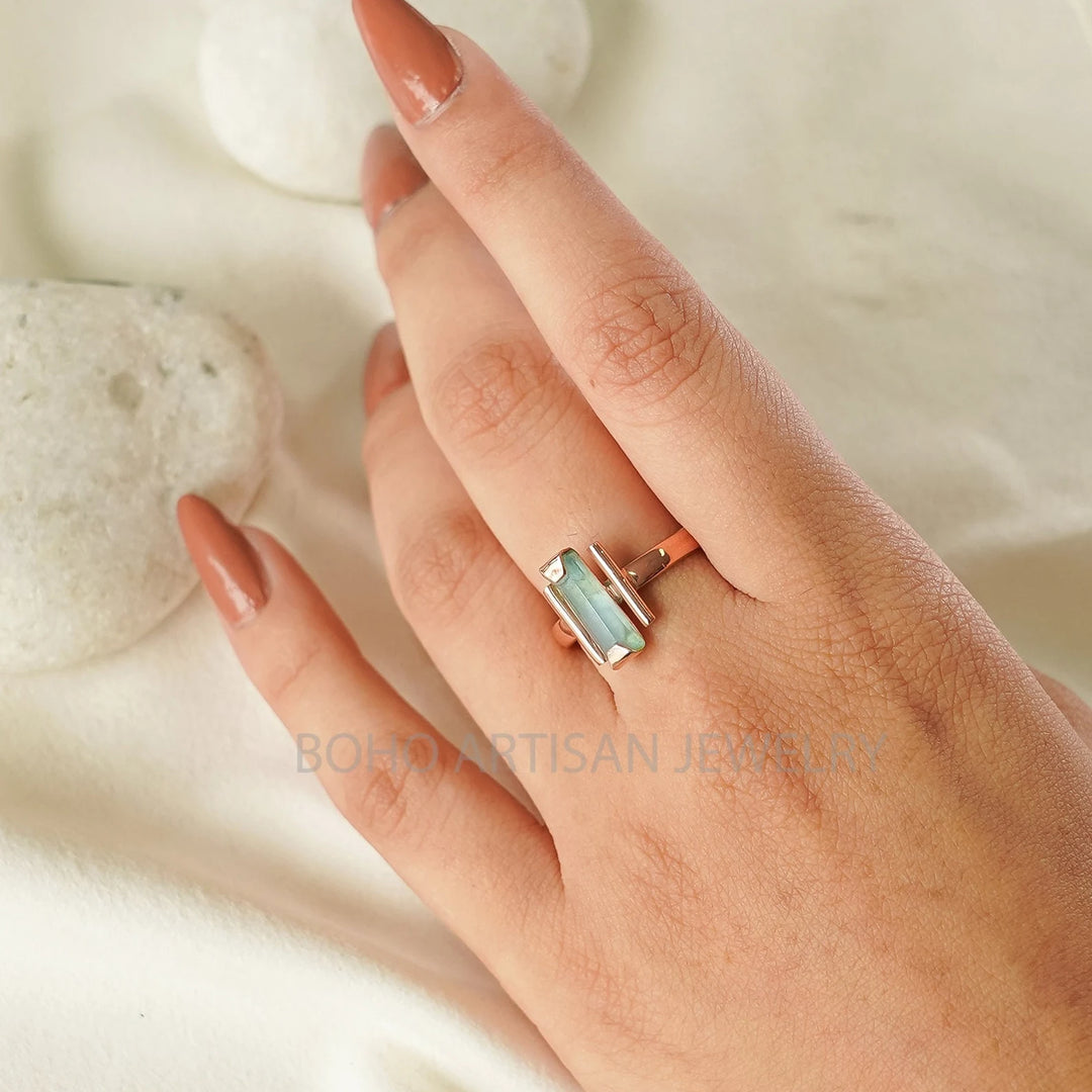 Raw Aquamarine Bar Ring: Sterling Silver Two-Bar Boho Ring