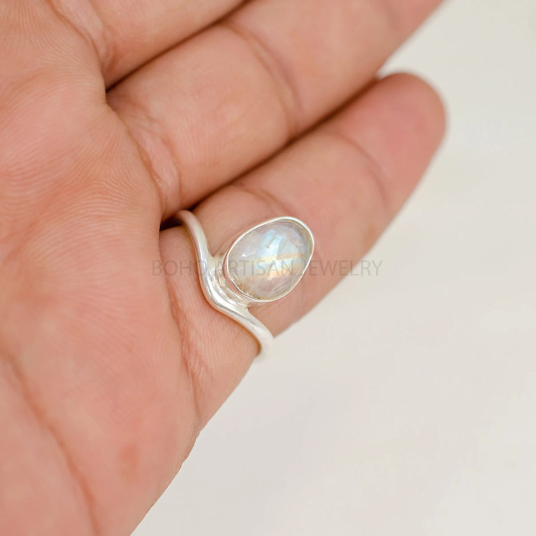 Rainbow Moonstone Ring: Rose Cut Sterling Silver Boho Jewelry