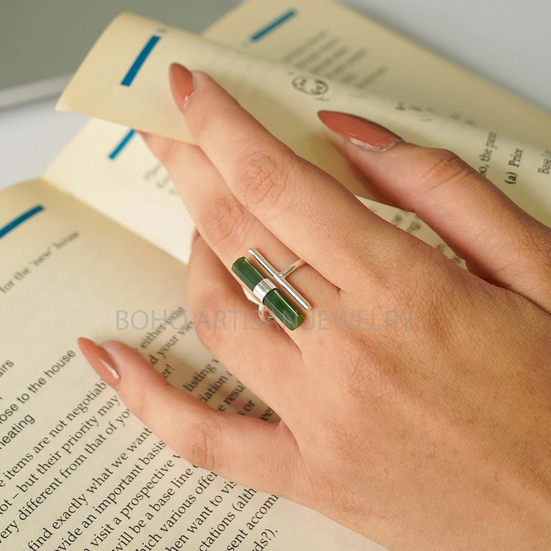 Raw Green Jade Ring, Adjustable Ring, 925 Sterling Silver, Statement Jewelry, Natural Jade Ring, March Birthstone Jewelry, Gift For Her