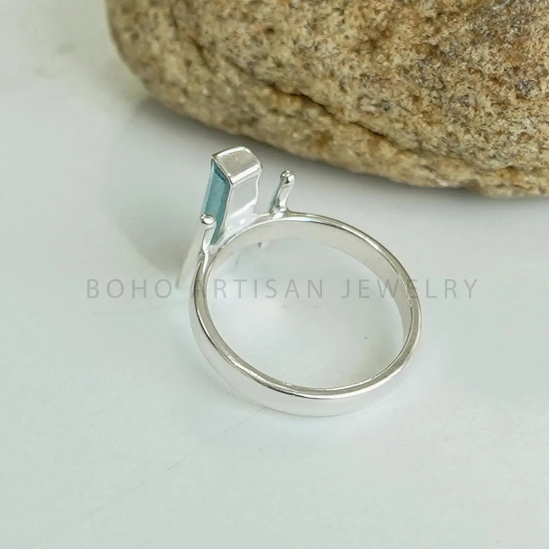 Raw Aquamarine Bar Ring: Sterling Silver Stackable Jewelry